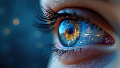 Close-up of human eye reflecting cityscape at night. Futuristic digital world seen in iris. Data streams and tech elements merge with urban skyline.