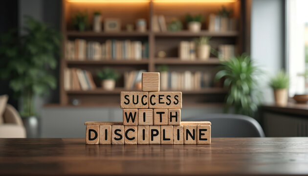 Wooden blocks stacked to spell success with discipline on a table. Bookshelf and plants in background. Concept of hard work leading to achievement.