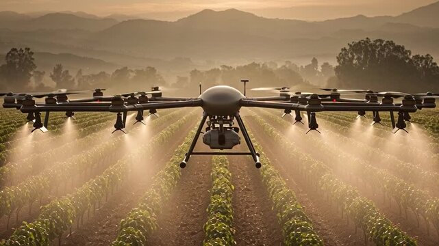 Drone Spraying Crops in Agricultural Field at Sunrise, Modern Technology, Aerial View, Nature Environment, 4K Farming Concept