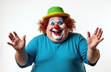Fat clown with red wig and green hat smiles widely. His face is painted white red blue. He has big round nose and open mouth. His arms are raised.