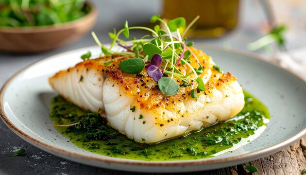 Pan-Seared Arctic Cod with Herb Sauce. Nordic Fine Dining Luxury Set Up
