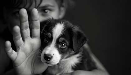 Person shields puppy with palm, a stop gesture against animal abuse. Focus on canine eyes, conveying fear and plea for help. Dark, moody tones evoke seriousness and concern for pet welfare.