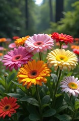 Fototapeta premium Colorful gerbera daisies grow in a garden. Bright pink, yellow, orange, and red flowers bloom on green stems. Soft light filters through trees on a sunny day.