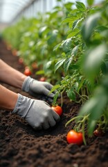 Fototapeta premium Gloves protect hands while tending ripe red tomatoes in greenhouse garden. Growing fresh vegetables in rich dark soil. Cultivating healthy food.