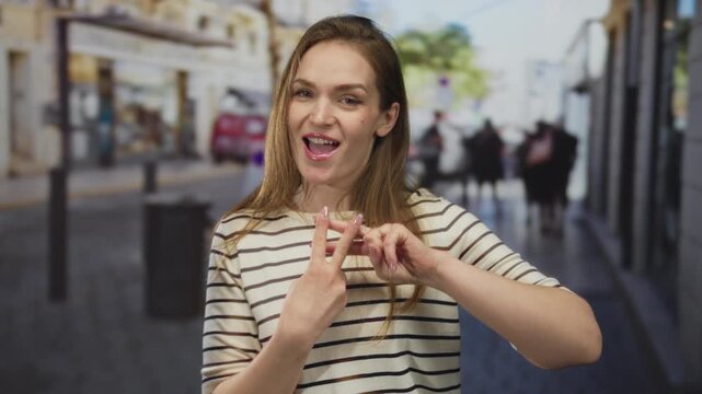 Woman forming hashtag sign with fingers on street while smiling brightly under sunlight and busy storefronts; playfulness.