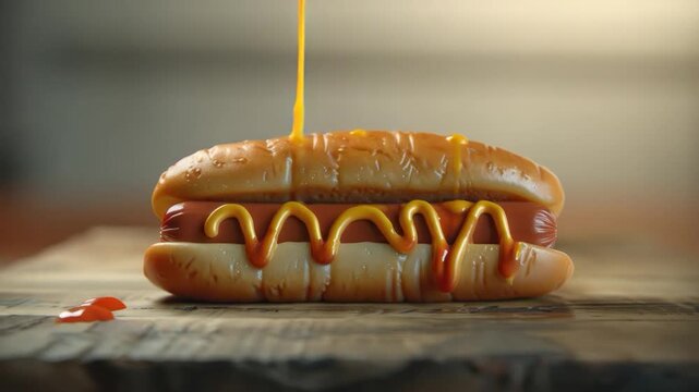 Video A juicy hot dog topped with yellow mustard and ketchup, ready to be devoured