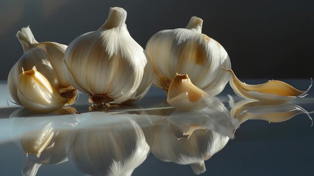 Video Close-up of three garlic bulbs reflected off a shiny surface