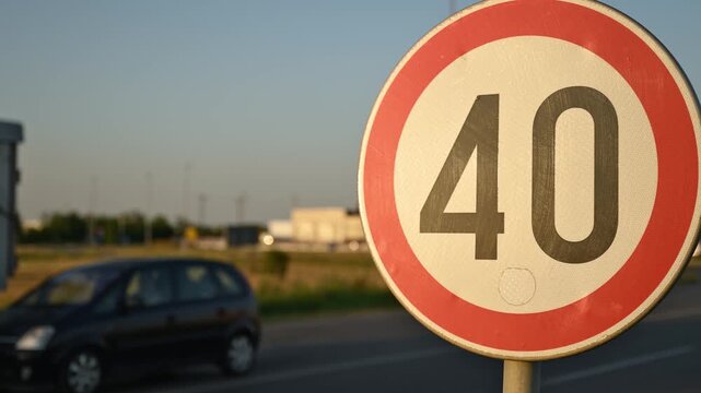 Truck speeding by the speed limit traffic sign, slow motion 4K