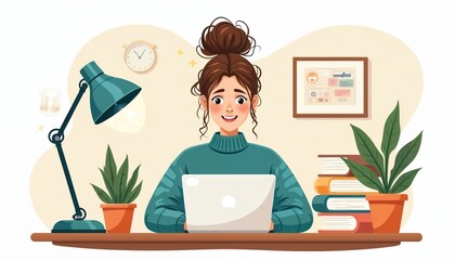 Young woman studies online with laptop at desk. Smiling student wears cozy sweater, learns lesson remotely. Home office setup with lamp, books, and plants.