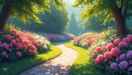 Curving stone path winds through garden abundant with pink white flowering bushes and lush green trees. Sunlight filters through leaves onto blooming hydrangeas creating serene natural landscape.