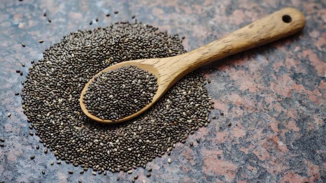 A wooden spoon full of seeds and spices sitting on a marbled counter