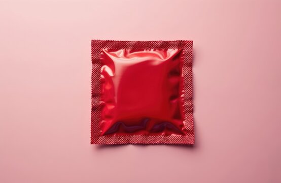 Red condom wrapper lies on pink background. Concept for safe sex, protection against STIs and pregnancy. Represents romance and health awareness for couples. - Powered by Adobe