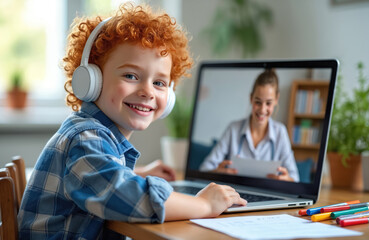 Young redhead boy happily learns online via laptop, wearing headphones. Smiling female teacher appears on screen, engaged in virtual lesson. Child studies at desk with colorful pens, papers, enjoying