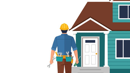 Home repair professional facing house exterior with tools and hard hat