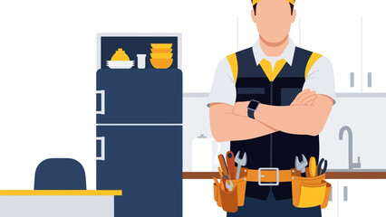 Professional repairman in modern kitchen interior with tools