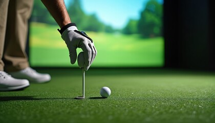 Golfer places ball on tee at indoor simulator with green screen background. Player wears glove and golf shoes. Man prepares for virtual golf game. Focused person practices swing.