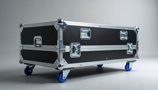 Black road case with silver metal corners latches and blue wheels protects equipment. Sturdy flight case on casters for safe gear transport. Durable flightcase for touring shows and events.