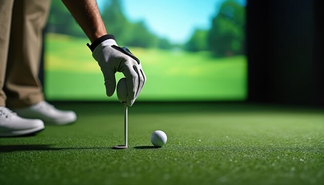 Golfer places ball on tee at indoor simulator with green screen background. Player wears glove and golf shoes. Man prepares for virtual golf game. Focused person practices swing. - Powered by Adobe