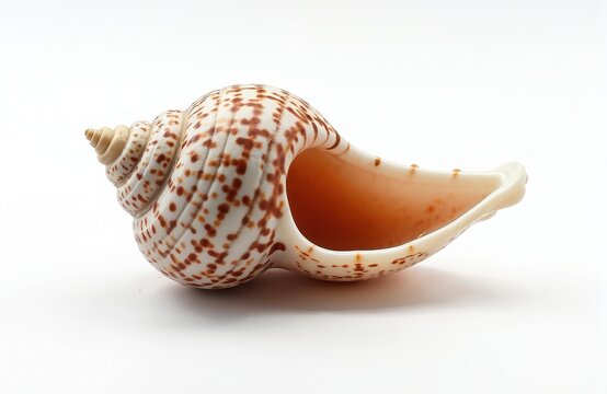 Spiral patterned conus shell isolated on white studio background. Natural object with brown dots features intricate whorl. Marine mollusc empty home waits for ocean.