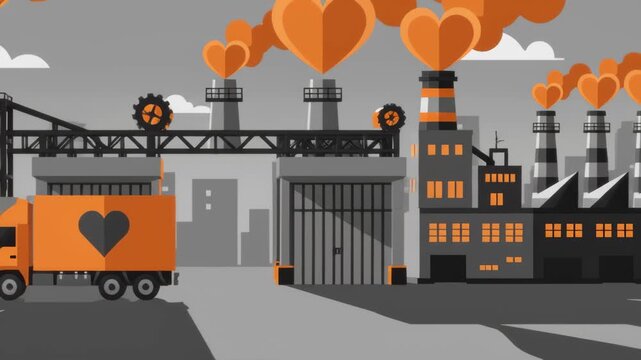 Factory Producing Heart-Shaped Smoke With Love on Truck, Animated Style