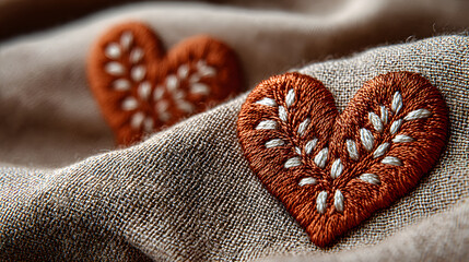 Delicate embroidered hearts in terracotta and white thread on natural linen fabric, showcasing detailed needlework texture for craft and textile design.