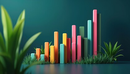Obraz premium Colorful bar chart with rising graph bars amid rich green grass. Business growth and investment success reflected in abstract finance analytics. Economic development and profit increase concept.