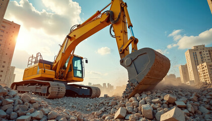 Obraz premium Yellow excavator demolishes building in city center. Rubble and dust fly as machine works. Sunlight illuminates construction site and urban landscape.