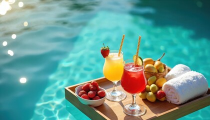 Floating tray with cocktails, strawberries, lemons, and towels on clear blue pool water. Drinks and fruit on wooden board. Refreshing summer beverages by resort.