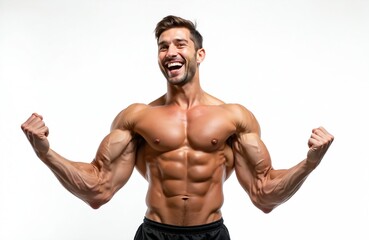 Fototapeta premium Muscular man celebrates victory, flexing arms and smiling widely. Athletic male shows strong biceps, abs, celebrating achievement with joy. Happy bodybuilder pumps iron.