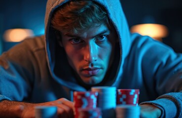 Young man with intense gaze focused on poker chips under blue light. He plays a high stakes game at night, displaying concentration and strategy. The player risks money in this thrilling competition.