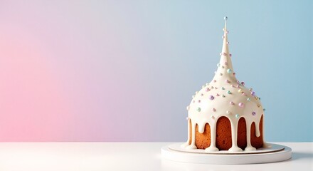 Traditional Easter cake with white glaze and pastel sprinkles. Minimalist holiday paska on a gradient background. Festive banner with copy space for greeting