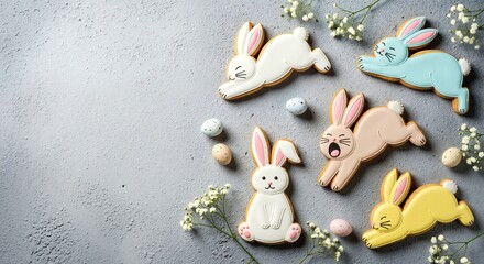 Easter bunny sugar cookies and eggs flat lay. Holiday baking and spring celebration decoration. Festive background or banner with copy space
