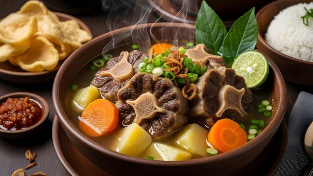 Steaming hot Indonesian oxtail soup (Sop Buntut) served with vegetables, rice, crackers, and chili.