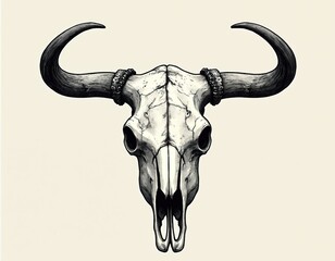 Obraz premium Detailed line art illustration of a bull skull. The monochrome artwork features horns and bone texture. This graphic design is perfect for tattoo ideas or Western themes.