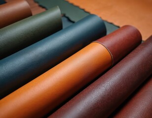 Assorted rolls of colored leather materials are arranged. Various shades of brown, green, and blue offer texture for crafting bags, shoes, and apparel. Natural material for artisans.