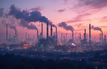 Naklejka premium Vast industrial complex with numerous towers and pipes emits smoke into a pink twilight sky. Lights illuminate the factory structures and surrounding roadways below.