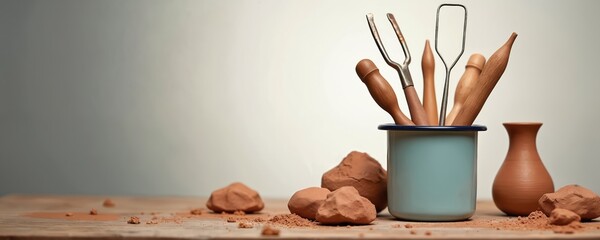 Clay sculpting tools in cup, raw clay lumps and small vase on wooden surface. Ceramic art creation supplies and materials for pottery hobby. Studio craft setup with instruments.