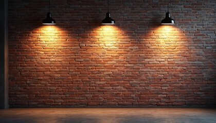 Red brick wall interior with three hanging pendant lights creating warm glow. Empty room with concrete floor provides copy space. Grunge industrial style.
