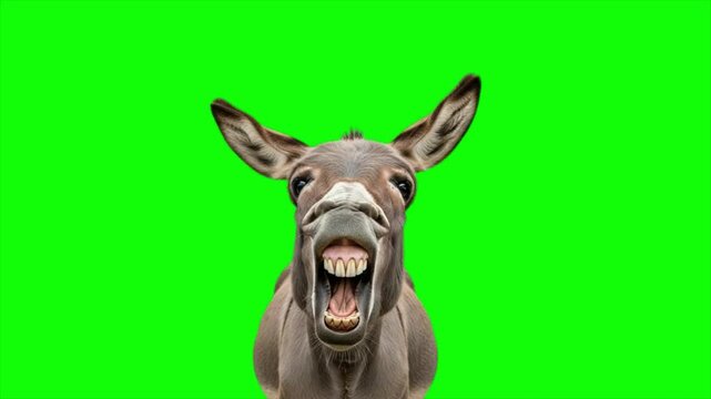 Funny Donkey Laughing or Braying on Green Screen, Realistic Animal Expression