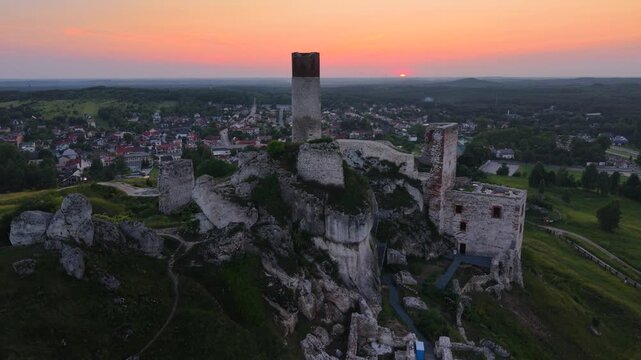 The ruins of the castle in Olsztyn near Czestochowa in the light of the setting sun. Poland