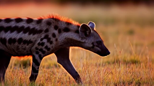 Spotted hyena walking through golden savanna grass at sunrise. African wildlife in warm light.