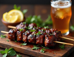 Juicy beef skewers marinated in coffee beer sauce are served on wooden board with fresh parsley and lemon slices. Cold amber beer in glass with foam.