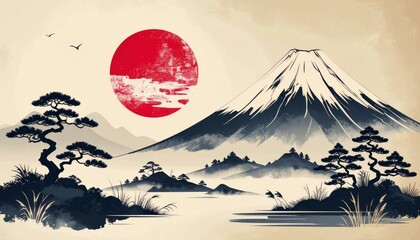 富士山 太陽 浮世絵 和風 伝統 日本 縁起物 墨絵 松 日の出 正月 荘厳 静寂 芸術 朱色 黄金色 山岳 信仰 侘び寂び 郷愁