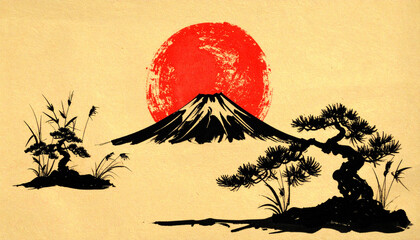 富士山 太陽 浮世絵 和風 伝統 日本 縁起物 墨絵 松 日の出 正月 荘厳 静寂 芸術 朱色 黄金色 山岳 信仰 侘び寂び 郷愁