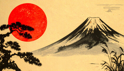 富士山 太陽 浮世絵 和風 伝統 日本 縁起物 墨絵 松 日の出 正月 荘厳 静寂 芸術 朱色 黄金色 山岳 信仰 侘び寂び 郷愁