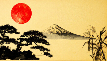富士山 太陽 浮世絵 和風 伝統 日本 縁起物 墨絵 松 日の出 正月 荘厳 静寂 芸術 朱色 黄金色 山岳 信仰 侘び寂び 郷愁