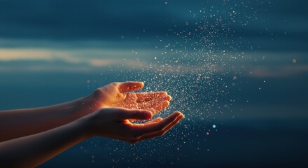 Hands hold shimmering specks against a blue-grey backdrop, like stars at twilight.