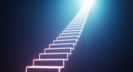 A stairway to heaven, bathed in blue light, extends upwards into radiant luminosity above.