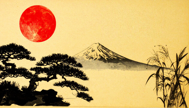 富士山 太陽 浮世絵 和風 伝統 日本 縁起物 墨絵 松 日の出 正月 荘厳 静寂 芸術 朱色 黄金色 山岳 信仰 侘び寂び 郷愁