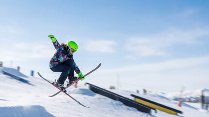 A skier performing a jump on a snow-covered slope, showcasing dynamic action and skill